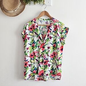 Kiwi Fresh Floral Rayon Blouse Medium Tropical Button Front Y2K Vintage Top
